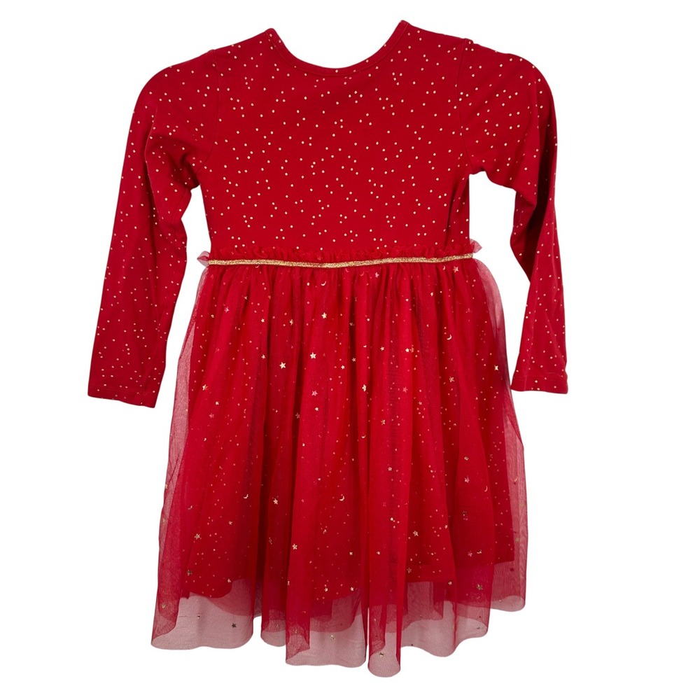 Hanna Andersson Girls Dress Red Gold Sparkle Stars Moons Long Sleeve Size US 6-7 - Picture 2 of 9